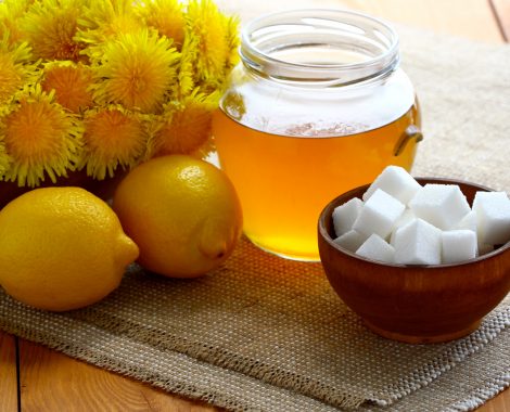 Jam of dandelion (dandelion honey) and components for it`s preparation.